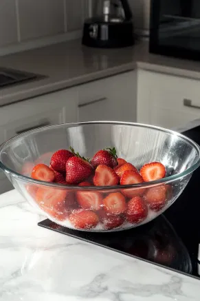 A large glass bowl on the white marble cooktop contains halved fresh strawberries being tossed with sugar, releasing their juices to macerate.