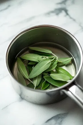 A small pot on the white marble countertop simmering sage sprigs with water and sugar, releasing a fragrant aroma as the simple syrup forms.