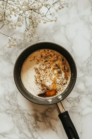 A saucepan on the white marble countertop as maple syrup, dark brown sugar, vegan butter, and coconut cream bubble together into a rich, golden toffee sauce.