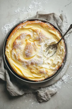 A mixing bowl on the white marble cooktop holds the cooled custard, which is broken up with a fork. Soft cheese, icing sugar, and vanilla extract are gradually beaten into the custard until smooth and creamy. This filling is poured into the prepared cake tin, covering the Swiss roll slices, and the dessert is chilled overnight to set fully.