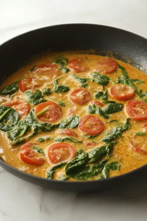 Heavy cream and grated parmesan are poured into the black skillet on the white marble cooktop, gently stirred into the spinach and tomato mixture. The sauce simmers, thickening to a creamy, smooth consistency.