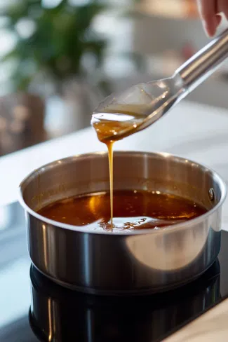 A saucepan on the white marble cooktop contains a mixture of cornflour and a portion of vanilla-flavored soya milk, stirred to form a paste. The remaining soya milk, vegan double cream, and sugar are added and gently heated, thickening into a smooth custard. Once cooled, it will be poured over the jelly layer in the trifle.