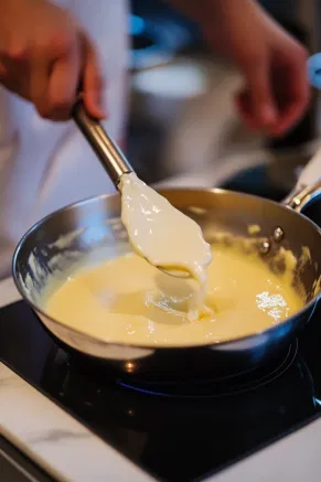 A non-stick pan on the white marble cooktop shows custard powder, caster sugar, and a portion of double cream being mixed together until smooth. The remaining cream is gradually added, and the mixture is gently heated while being stirred continuously until it thickens to a creamy consistency. The custard is then poured into a bowl, covered, and left to cool.