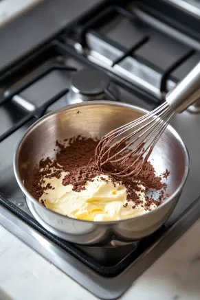 Melted butter and cocoa powder being whisked together in a small bowl on the white marble countertop as the base for the frosting.