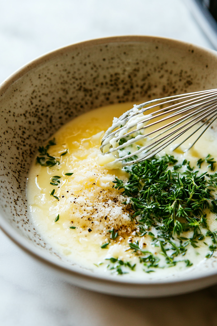 A small bowl on a white marble cooktop with melted butter whisked together with Parmesan, chopped basil, parsley, and rosemary. A spoon is ready for brushing the herb butter over the dough balls