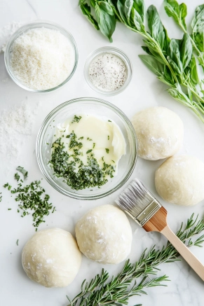 A small glass bowl on the white marble cooktop contains melted butter mixed with Parmesan cheese, basil, parsley, and rosemary. A brush lies next to the bowl, ready for use.