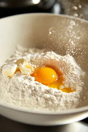 A large mixing bowl sits on a white marble cooktop, filled with a mixture of flour, salt, and caster sugar. Small cubes of butter are visible, partially blended into the dry ingredients, creating a coarse breadcrumb texture. A beaten egg has been added, starting to bring the dough together in clumps.