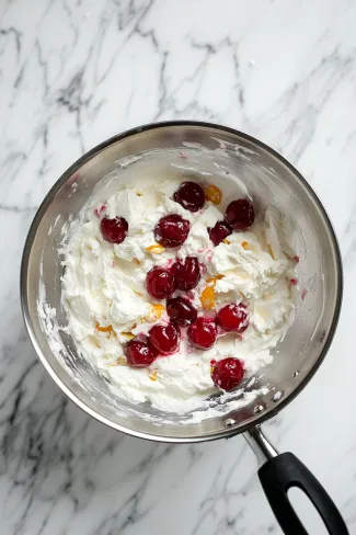 A mixing bowl on the white marble cooktop contains a creamy mixture of ricotta, soft cheese, icing sugar, cooled gelatine, orange zest, almond extract, and amaretto. Chopped pistachio nougat and maraschino cherries are being folded in, creating a rich, festive filling.