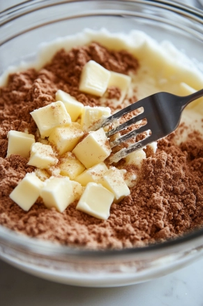 A glass mixing bowl on the white marble cooktop is filled with flour, brown sugar, granulated sugar, and cinnamon. Chilled butter cubes are being cut into the mixture with a fork, forming a crumbly texture.