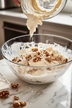 A medium glass bowl on the white marble cooktop contains cream cheese, butter, vanilla, and confectioners' sugar being whipped into a smooth, fluffy frosting, with chopped walnuts and coconut gently folded in.