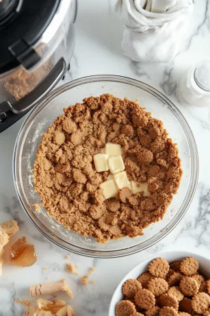 A food processor on the white marble cooktop with Biscoff cookies being ground into fine crumbs. In a medium bowl nearby, the crumbs are mixed with ground ginger, melted butter, honey, and salt until fully combined, then pressed evenly into a pie dish, creating a solid crust