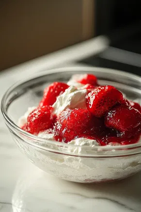 Another glass bowl on the white marble cooktop holds half the Cool Whip being combined with strawberry preserves into a smooth, creamy mixture.