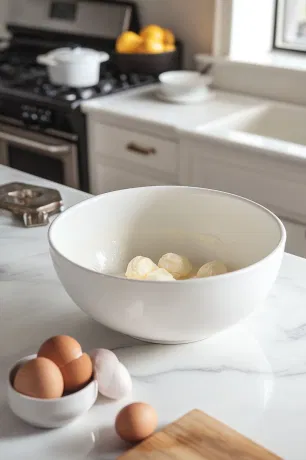 A large mixing bowl on a white marble cooktop with softened butter and light brown sugar being creamed, with added vanilla, eggs, and molasses for a smooth, fluffy mixture.