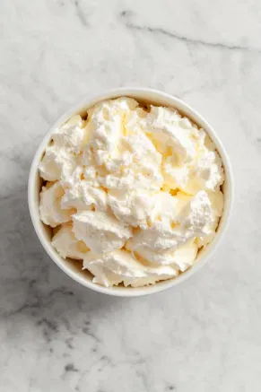 A medium mixing bowl on the white marble cooktop as heavy cream, powdered sugar, honey, vanilla, and salt are whipped with an electric mixer until soft peaks form. A portion of the whipped cream is set aside for garnish.