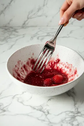 A bowl on the white marble countertop with fresh strawberries being mashed into a smooth puree using a fork or masher.