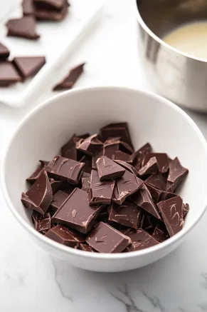 A heatproof bowl sits on the white marble cooktop, filled with chopped bittersweet chocolate. Beside it, a small saucepan gently boils cream and butter, ready to be poured over the chocolate for a smooth, creamy melt.