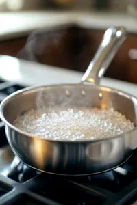 A medium, heavy-duty stainless steel saucepan sits on the white marble cooktop, containing granulated sugar that is beginning to melt over medium heat. The sugar forms clumps as it gradually transforms into a thick amber liquid, showcasing a rich golden color.