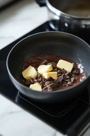 A black heatproof bowl on the white marble cooktop with unsalted butter and chopped dark chocolate melting gently together, stirred occasionally for a smooth, glossy texture.