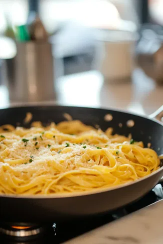 The pasta dish in the skillet on the white marble cooktop shows cheese melting as everything is stirred into a rich, creamy combination.