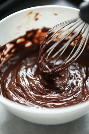 A mixing bowl on the white marble cooktop, holding softened cream cheese, sugar, cocoa, and vanilla being whipped into a fluffy batter with an electric mixer.