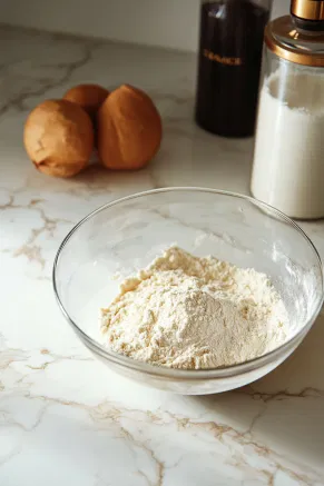 A food processor on the white marble cooktop with flour, baking powder, salt, suet (or diced butter), and sugar being pulsed together until the mixture resembles coarse sand, then transferred to a large mixing bowl.