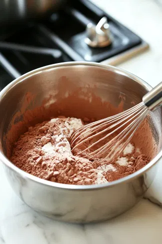 A mixing bowl on the white marble countertop with sugar, gluten-free flour blend, cocoa powder, and other dry ingredients being whisked together.