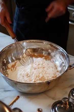 A large mixing bowl on the white marble countertop holding sifted all-purpose flour, baking powder, salt, nutmeg, ginger, and cinnamon being whisked together.