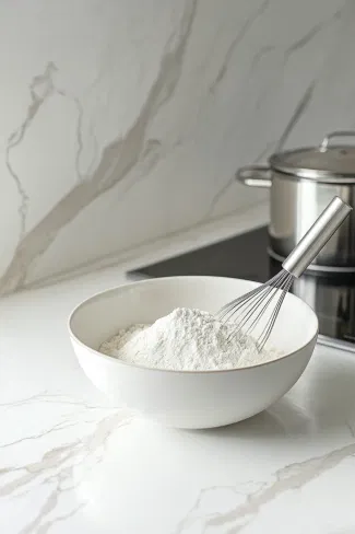 A medium bowl on the white marble cooktop filled with flour, baking powder, and salt, as they are whisked together evenly.