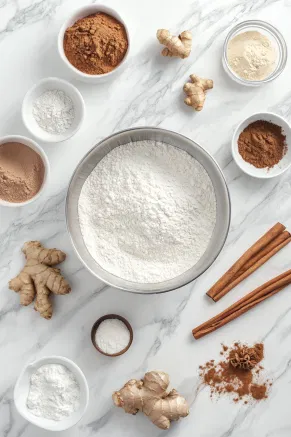 A medium mixing bowl on the white marble cooktop holds flour, baking powder, baking soda, salt, cinnamon, ginger, nutmeg, and allspice. A whisk is mixing these dry ingredients, evenly blending the spices to ensure a balanced flavor.