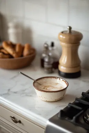 A shallow bowl on the white marble cooktop filled with freshly brewed espresso and Irish cream liqueur, creating a rich, aromatic soaking liquid for the ladyfingers.