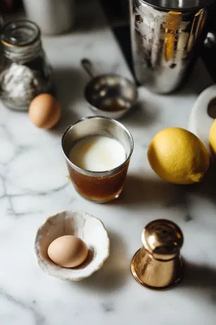 A cocktail shaker sits on the white marble cooktop, filled with amaretto, bourbon, fresh lemon juice, rich simple syrup, and egg white. The shaker is sealed, ready for a vigorous dry shake to create a frothy, smooth texture.