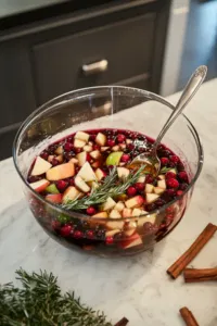 A large pitcher on the white marble cooktop is filled with red wine, cranberry juice, apple cider, brandy, honey, fresh cranberries, diced apple, diced pear, cinnamon sticks, and rosemary sprigs. The ingredients are combined, creating a vibrant mix with a holiday-inspired look.