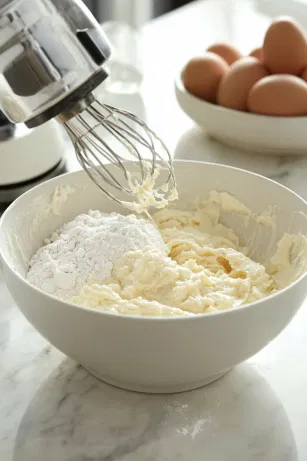 A large mixing bowl on the white marble cooktop is filled with flour, sugar, baking powder, vanilla extract, and a pinch of salt. Eggs, milk, and vegetable oil are added, while a hand mixer blends the ingredients into a smooth, creamy batter.