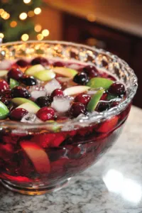 A large glass punch bowl filled with ice sits on the white marble cooktop as cranberry juice, sparkling wine, apple cider, ginger ale, and dark rum (or brandy) are poured in. The mixture is vibrant, festive, and gently stirred to combine all the flavors.