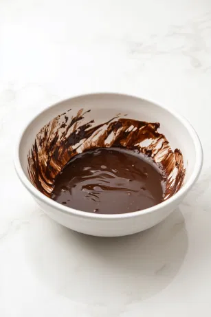 The heatproof bowl on the white marble cooktop now contains the melted chocolate mixture. Chocolate cake crumbs and a splash of dark rum are stirred in, creating a thick and rich truffle base with a luxurious texture.