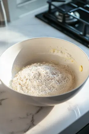 In the large mixing bowl, the dry ingredients are added along with soy milk and lemon juice. The mixture forms a thick, spiced batter, which is stirred gently until just combined.