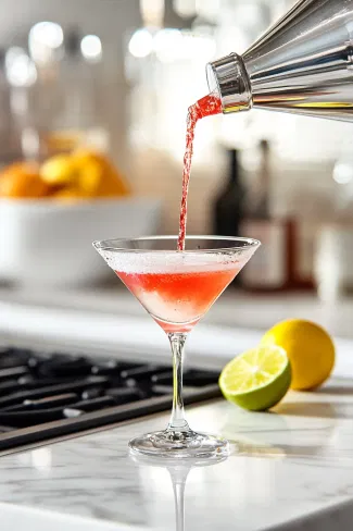 The prepared martini glass on the white marble countertop as lemon-lime soda, lime juice, vodka, and grenadine are poured inside to create the cocktail.