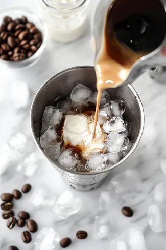 A cocktail shaker on the white marble countertop filled with ice, as espresso, vodka, and heavy cream are being poured in, ready to mix.