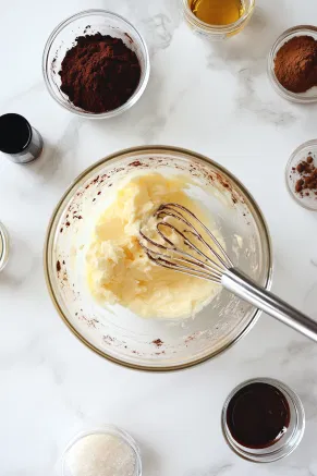 A mixing bowl on a white marble cooktop with softened butter, sugars, and espresso mixture being whisked, surrounded by measured ingredients like cocoa powder and peppermint extract.