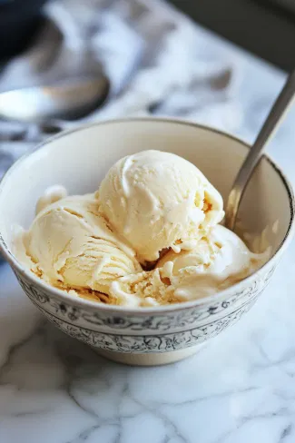 Softened vanilla ice cream in a mixing bowl on the white marble countertop, gently folded with grated stem ginger and ginger syrup for a spiced and creamy blend.