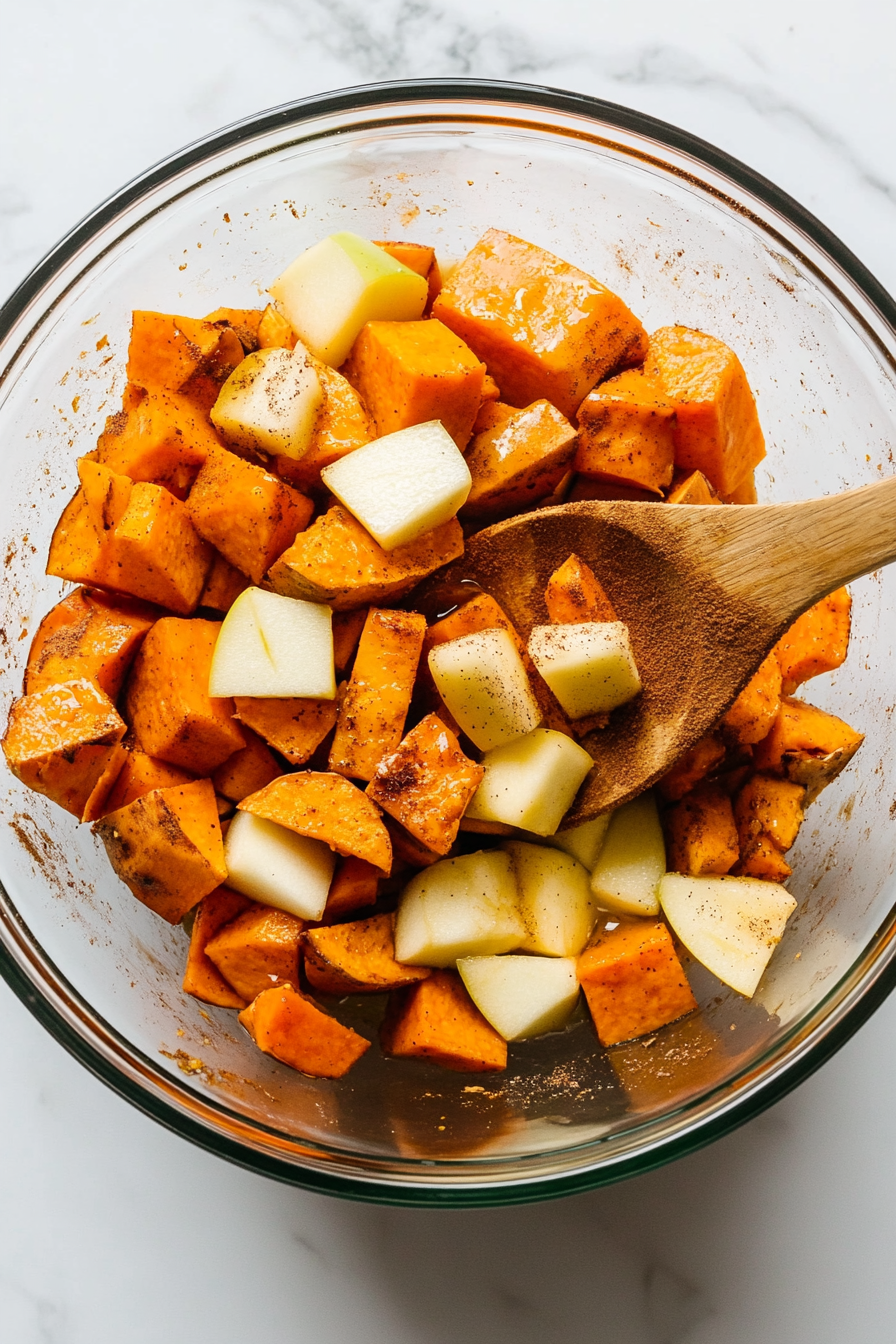 Roasted sweet potatoes in a glass mixing bowl on a white marble cooktop, with apple cubes, maple syrup, cinnamon, and olive oil being added. A wooden spoon is mixing the ingredients thoroughly.