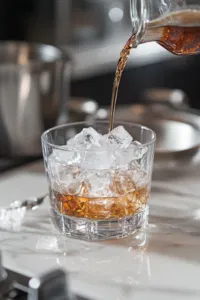 The clear glass mixing glass, now with ice, sits on the white marble cooktop, ready to chill the cocktail. A steady stream of bourbon pours into the glass, beginning to blend with the dissolved sugar and bitters, while a spoon rests nearby, ready for stirring.