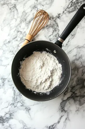 A black saucepan on a white marble cooktop with sugar, flour, and salt being whisked together. The dry ingredients are ready to be combined with milk.