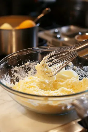 A large glass mixing bowl on the white marble cooktop holds butter, shortening, and sugar being beaten into a fluffy mixture, as eggs, buttermilk mixture, vanilla, and coconut are gradually added, along with flour and baking powder.