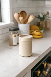 The container on the white marble cooktop is sealed and being shaken vigorously, combining all the ingredients thoroughly for a smooth, creamy texture in the Coquito.