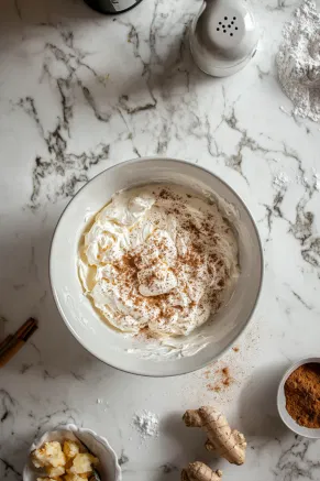 Another bowl on the white marble cooktop as softened cream cheese, molasses, cinnamon, ginger, salt, cloves, and dry mustard are beaten together with an electric mixer, creating a smooth and creamy gingerbread filling base.