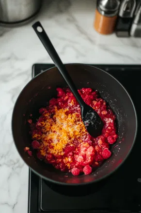 A black mixing bowl on a white marble cooktop holds frozen raspberries, orange juice, zest, Aperol, and golden caster sugar, being stirred with a black spoon into a vibrant, aromatic mixture.