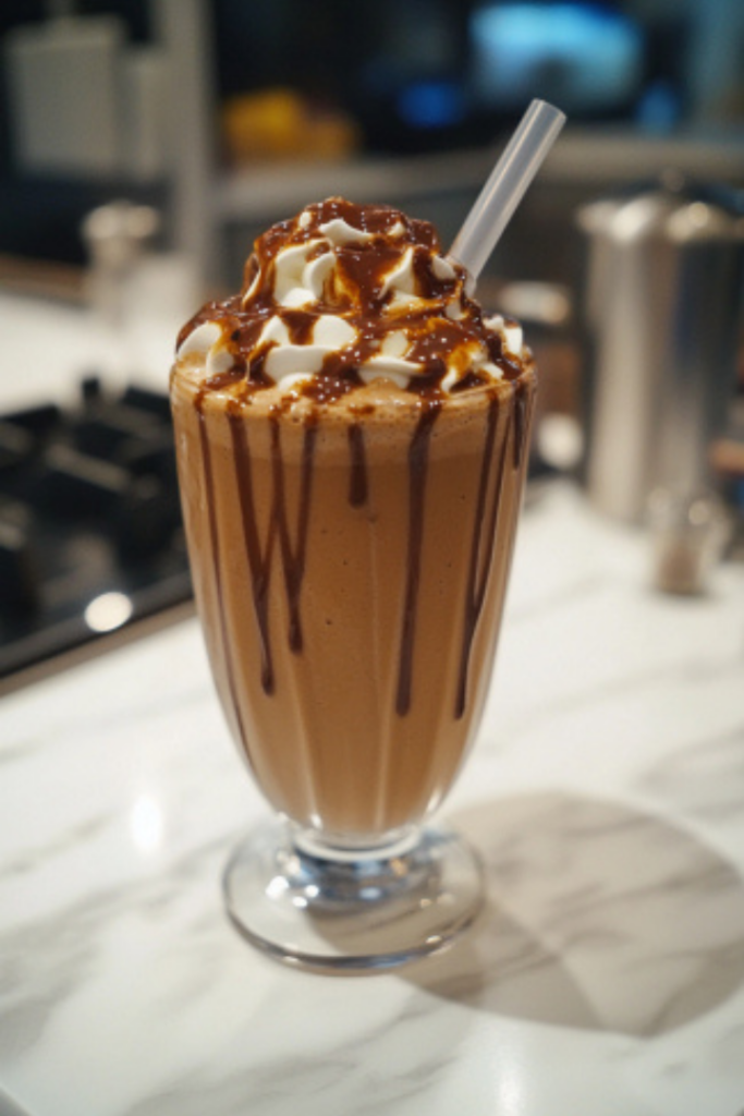 The completed mocha smoothie served on the white marble countertop, ready to savor as a refreshing breakfast or dessert.