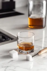 A mixing glass on the white marble cooktop contains a sugar cube, a few drops of cold water, and dashes of Peychaud’s bitters. A muddler presses down gently, dissolving the sugar cube into a smooth, bitters-infused base.