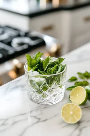 A Collins glass on a white marble cooktop with fresh mint leaves, lime wedges, and sugar being muddled at the bottom, releasing fresh aromas.